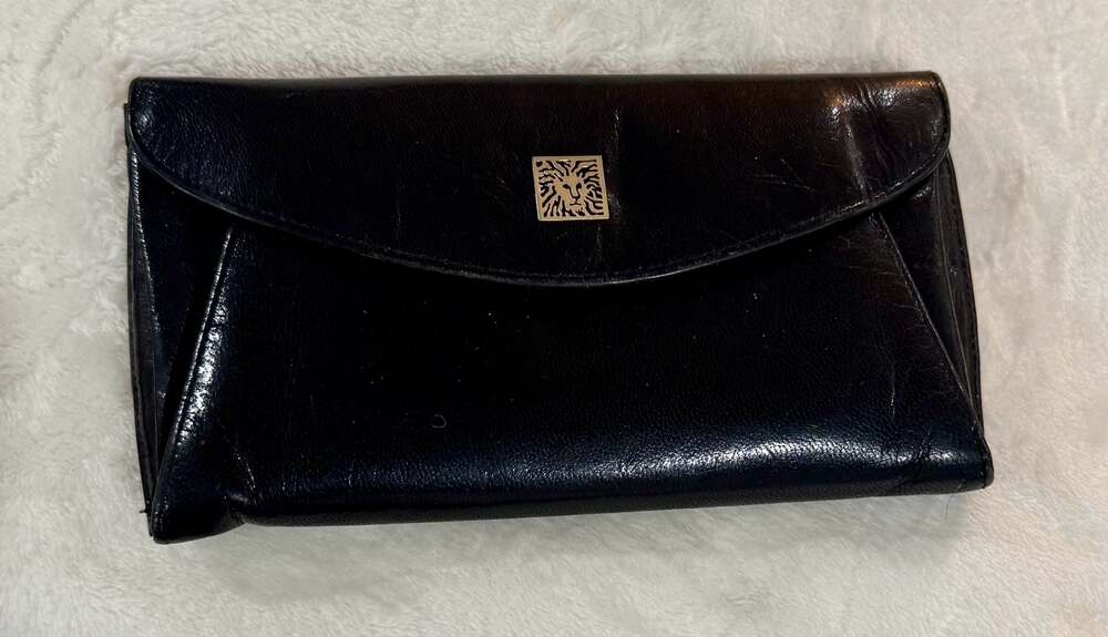 Vintage Anne Klein Black Leather Clutch Wallet with Gold Lion Logo